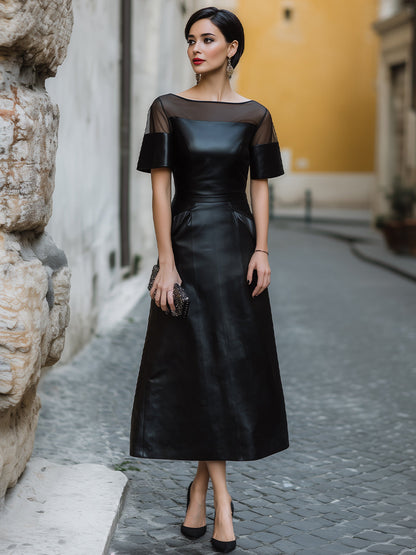 Sheer Mesh Panel Faux Leather A-Line Midi Dress