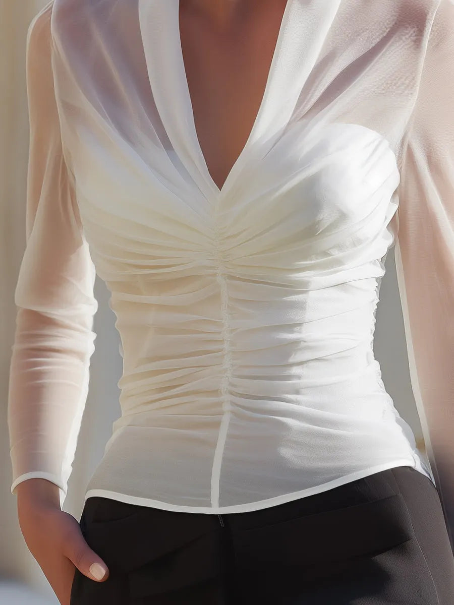 Ruched Sheer Mesh Long Sleeve Sculpted Blouse