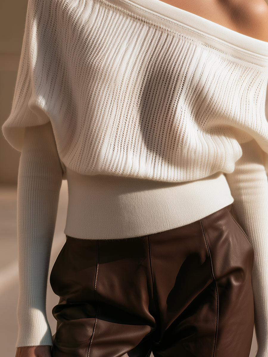 Asymmetric Off-Shoulder Ribbed Knit Sweater