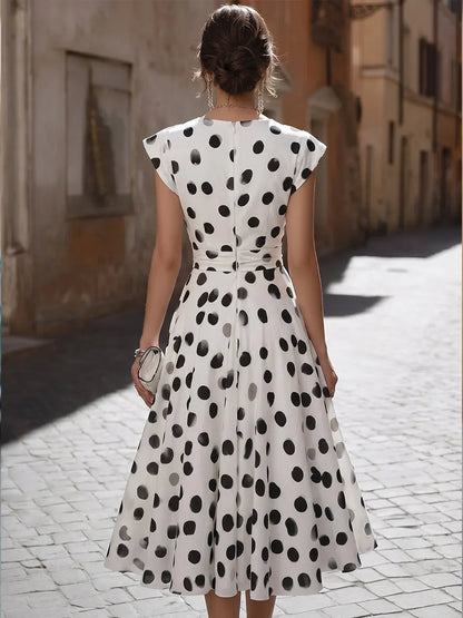 Deep V Wrap Ruched Waist Cap Sleeve Big Polka Dot Flowy Midi Dress
