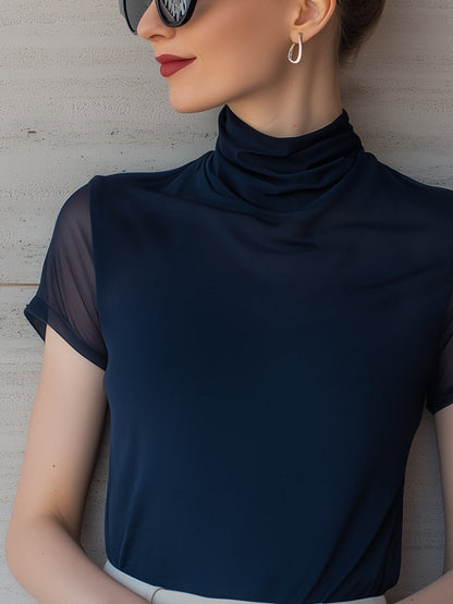 Contrast Sheer Sleeve Mock Neck Top