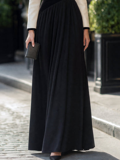 Asymmetric Colorblock Long-Sleeve Flare Maxi Dress