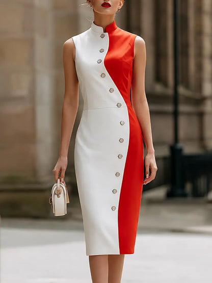Color-Block Stand-Collar Button-Detail Midi Dress