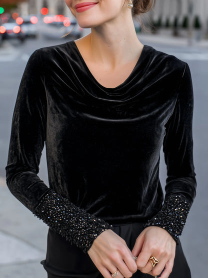 Velvet Cowl-Neck Sequin-Cuff Top