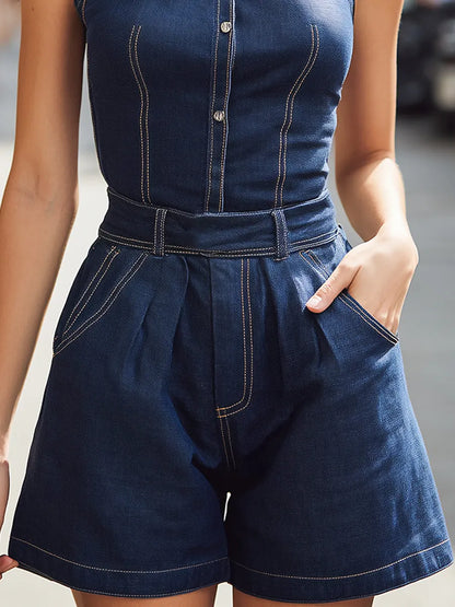 Denim Halter Neck Button-Front Tailored Romper