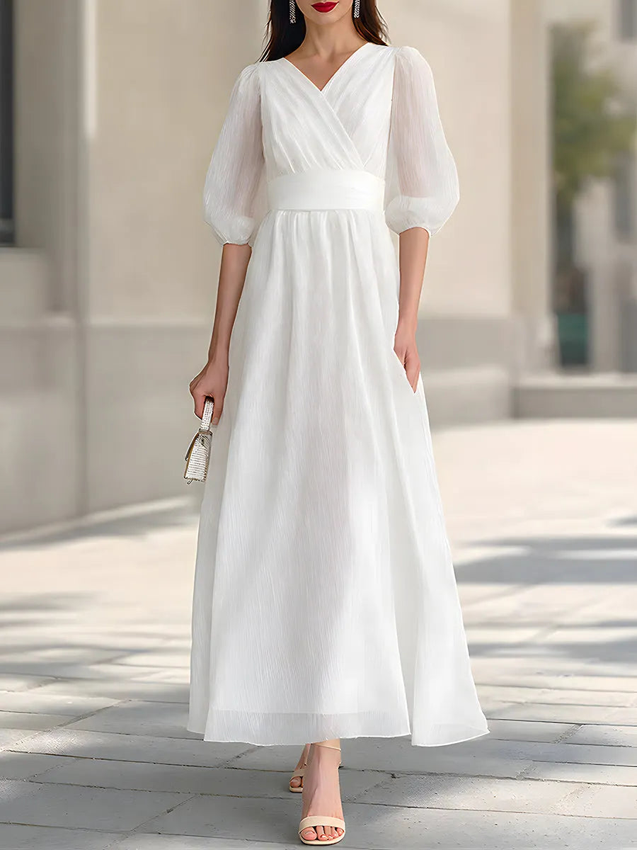 White Pleated Chiffon Wrap Front Puff Sleeve Maxi Dress