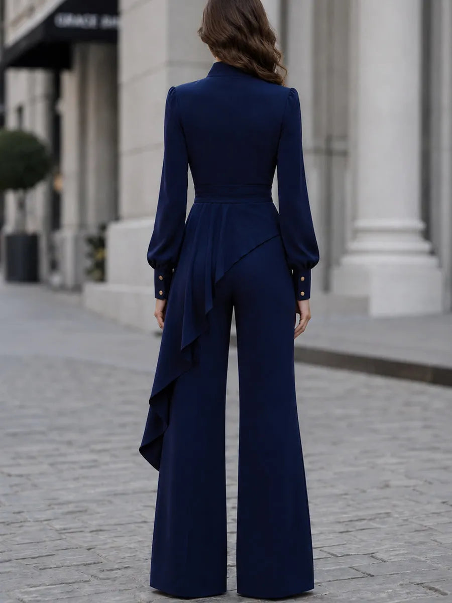 Stand Collar Wrap Ruffle Blazer & Wide Leg Pants Two Piece Suit