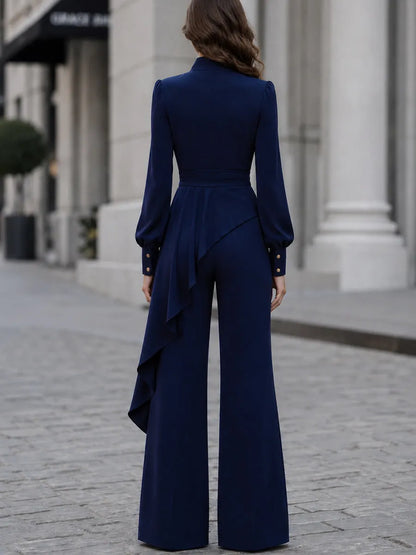 Stand Collar Wrap Ruffle Blazer & Wide Leg Pants Two Piece Suit