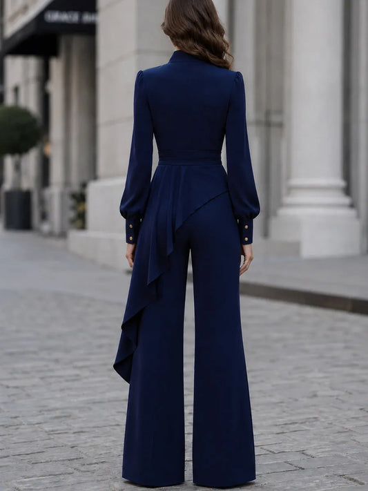 Stand Collar Wrap Ruffle Blazer & Wide Leg Pants Two Piece Suit