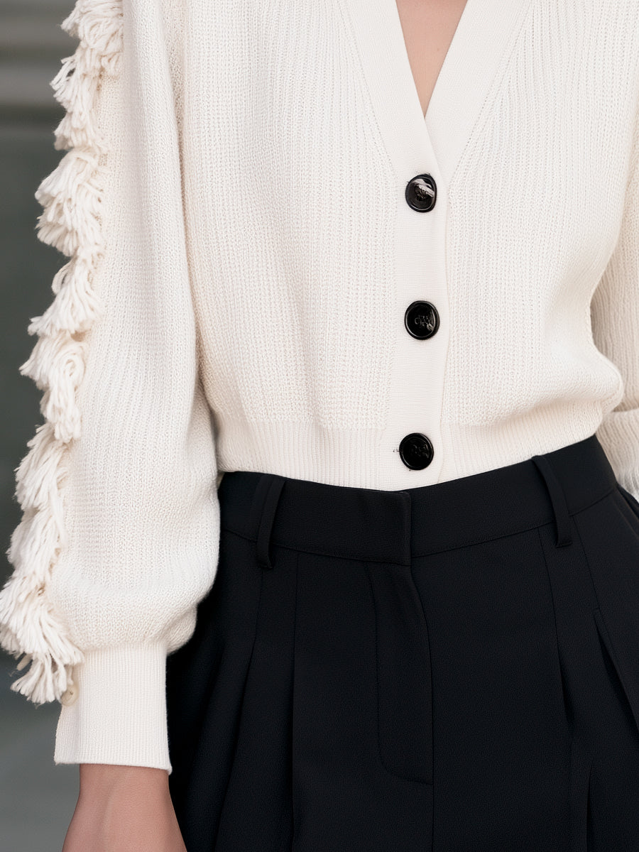 Fringe Sleeve Button-Up Knit Cardigan