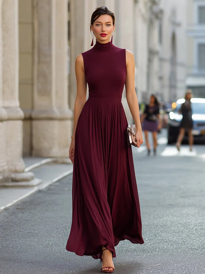 Sleeveless Turtleneck Gathered A-Line Maxi Dress