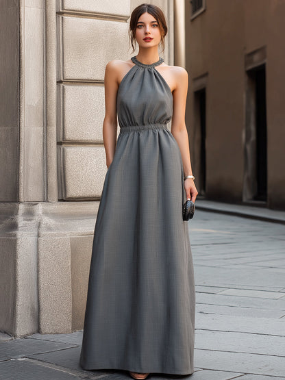 Elegant Gathered Halter Maxi Dress