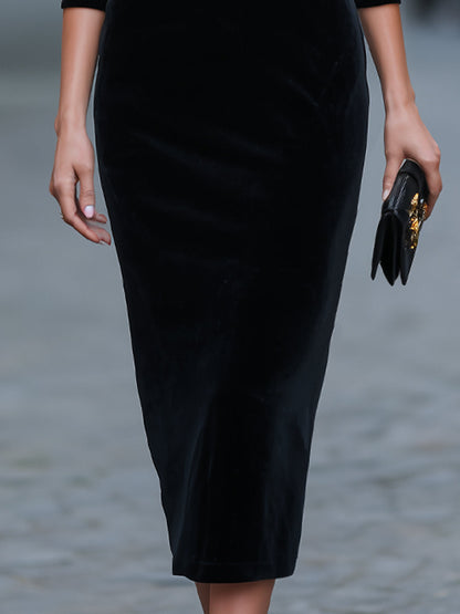 Cowl Neck Ruched Velvet Three-Quarter Sleeve Pencil Midi Dress