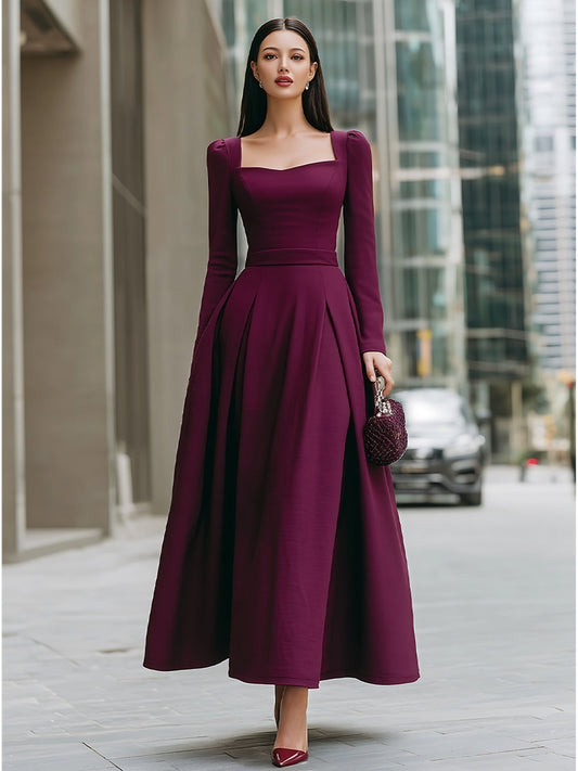 Square-Neck Long-Sleeve A-Line Maxi Dress