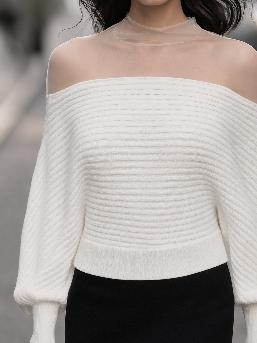 Women's Mesh Mock Neck Off-Shoulder Ribbed Knit Sweater