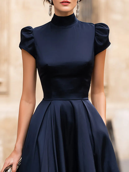 Stand Mock Neck Mini Bubble Cap Sleeve Ruched Waist Flared Satin Midi Dress