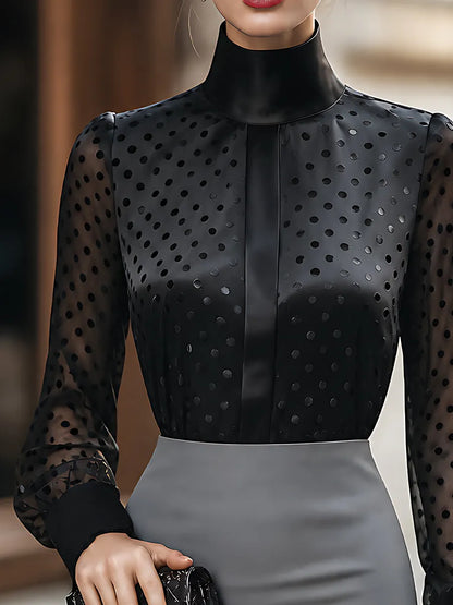 Flocked Polka-Dot Satin And Sheer Mesh Top