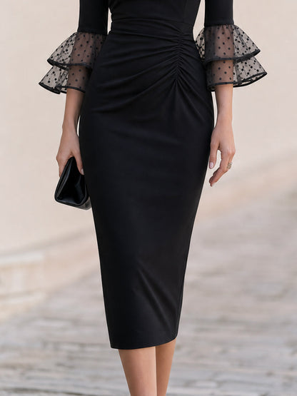 Boat Neck Ruched Waist Polka Dot Mesh Tiered Flare 3/4 Sleeve Midi Dress