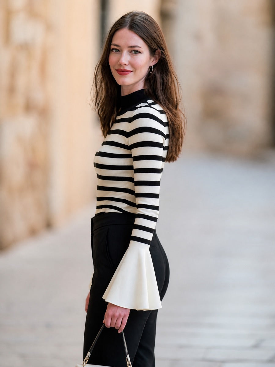 Striped Mock-Neck Flared-Cuff Knit Top