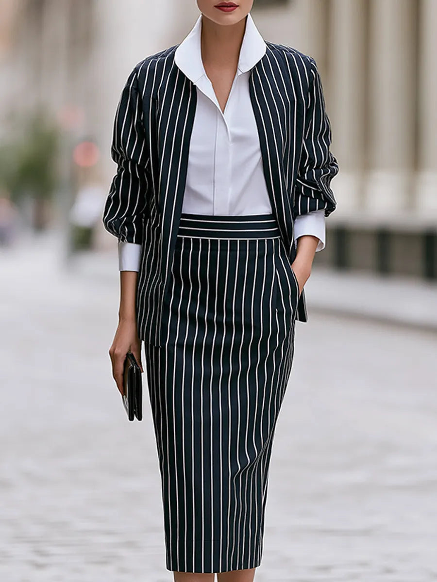 Three-piece Set Featuring A Pinstriped Blazer A Shirt  A Midi-length Pencil Skirt