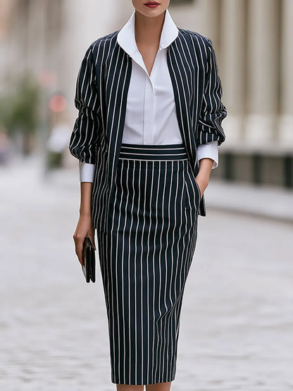 Three-piece Set Featuring A Pinstriped Blazer A Shirt  A Midi-length Pencil Skirt