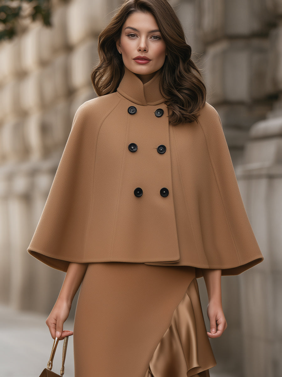 Stand Collar Cape Coat And Ruffle Skirt Set