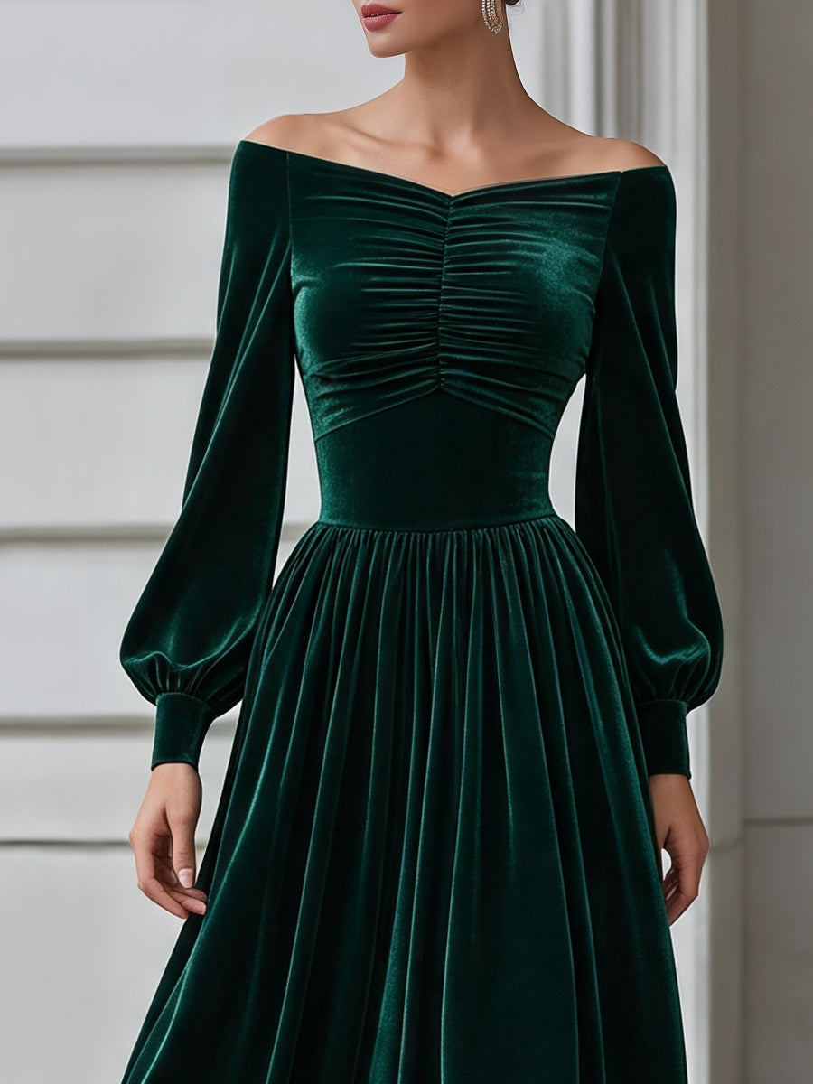 Off-Shoulder Ruched Velvet A-Line Midi Dress