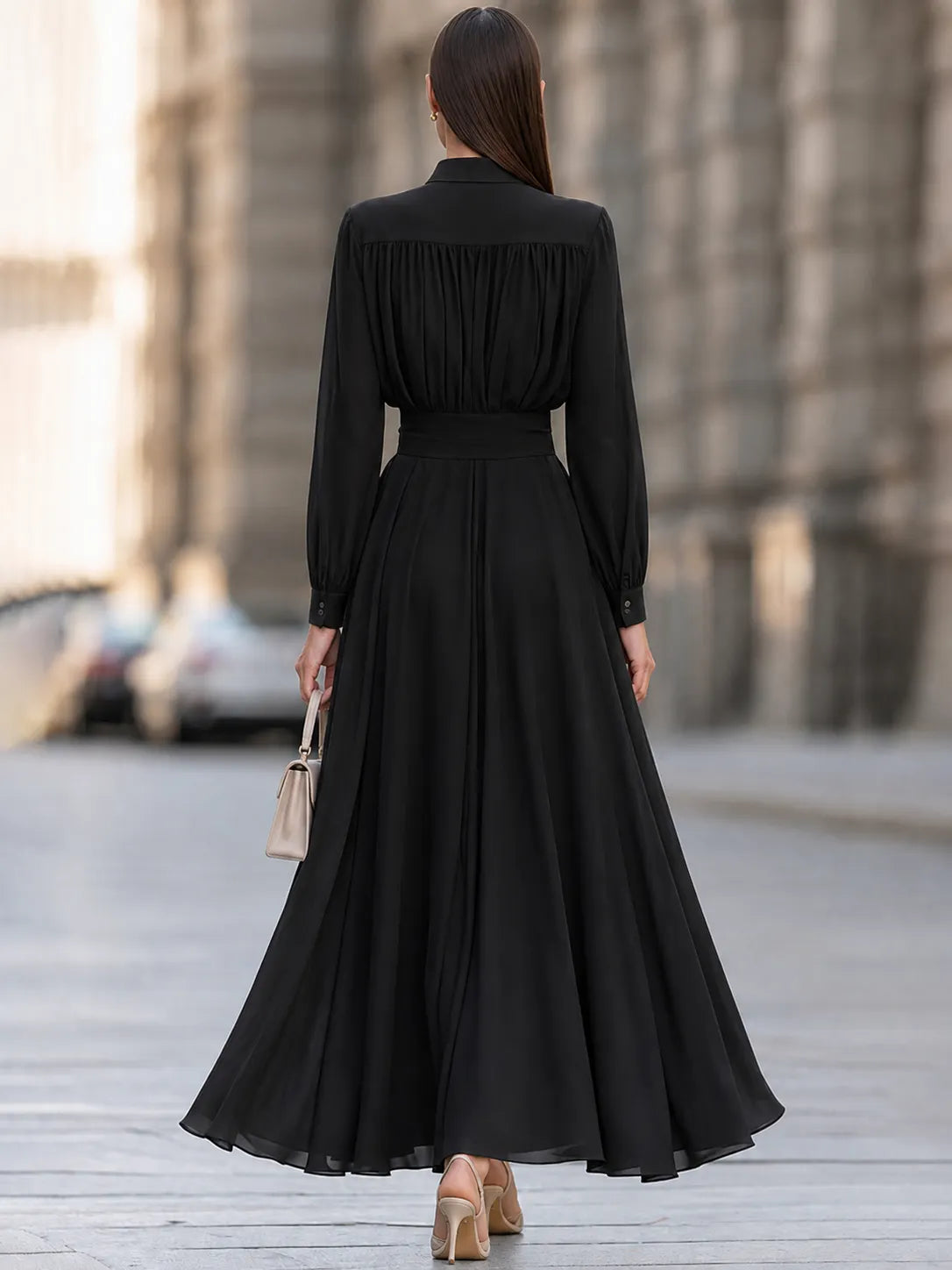 Women's Elegant Long Sleeve Shirt Collar Pleated A-Line Maxi Dress