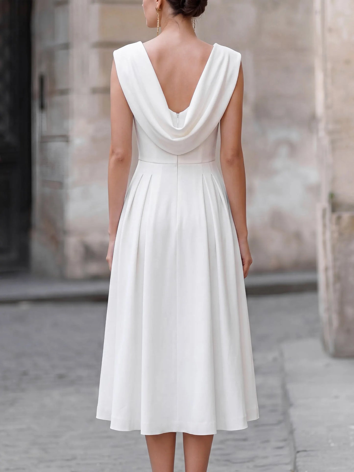 Cowl Neck Sleeveless Pleated A-Line Midi Dress
