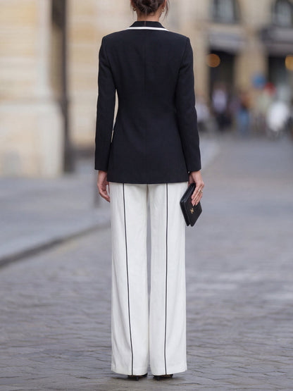 Contrast-Trimmed Tailored Blazer And Wide-Leg Trouser Set