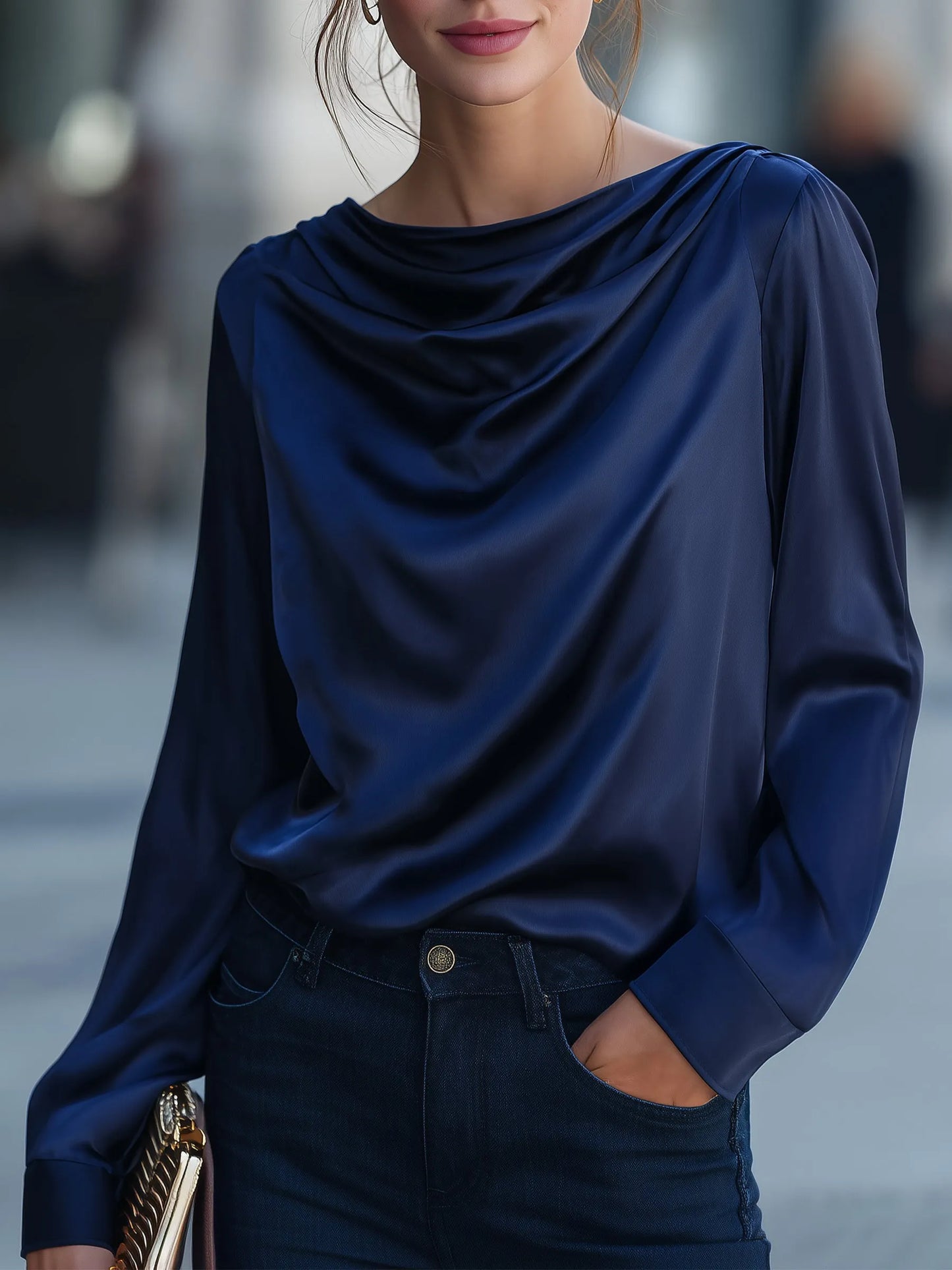 Satin Cowl-Neck Draped Long-Sleeve Top