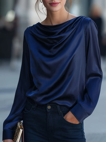 Satin Cowl-Neck Draped Long-Sleeve Top