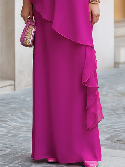 Asymmetric Tiered Chiffon Overlay Cape Maxi Dress