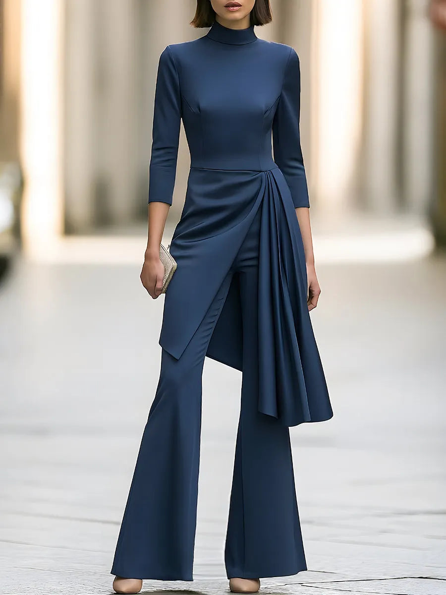 Asymmetric Draped Overlay Mock-Neck Top And Flared Trouser Set