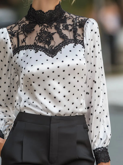 Polka-Dot Satin Lace-Yoke Long-Sleeve Blouse
