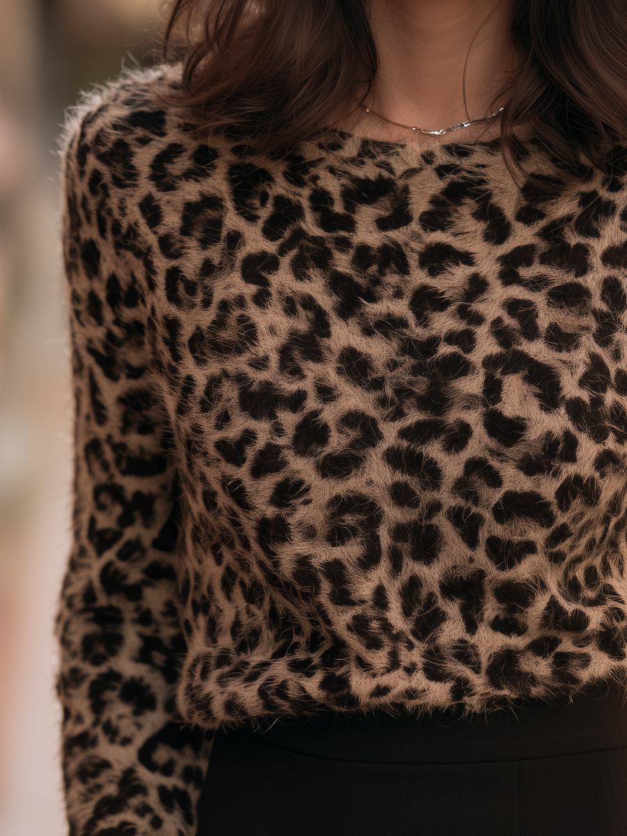 Round-Neck Leopard Print Plush Knit Sweater