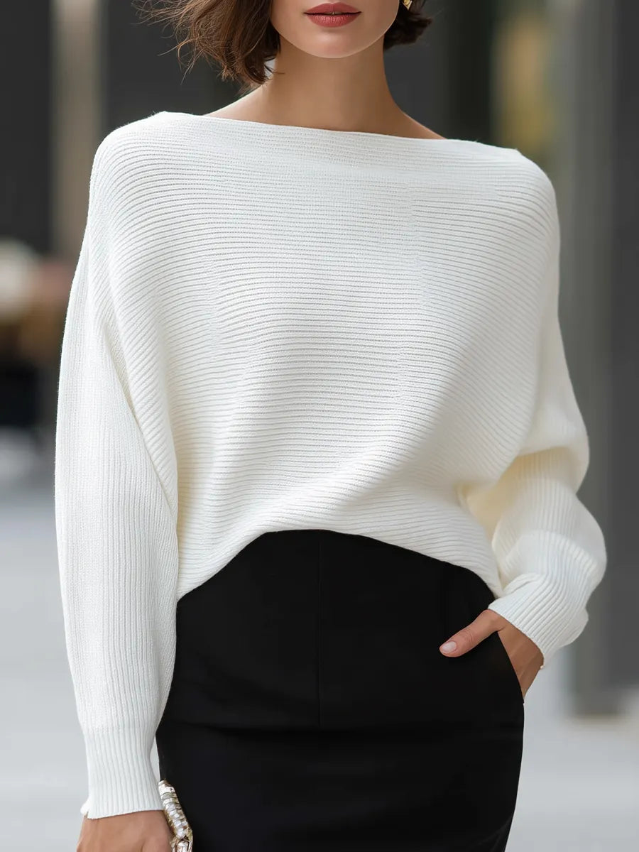 Boat-Neck Dolman Sleeve Ribbed Knit Sweater
