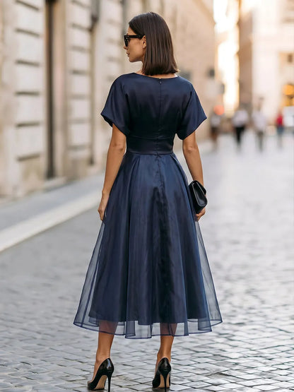 Legant Satin V-Neck Flutter Sleeve Midi Dress In A-Line Silhouette