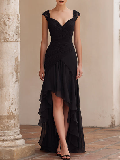 Ruched Lace-Shoulder High-Low Evening Dress