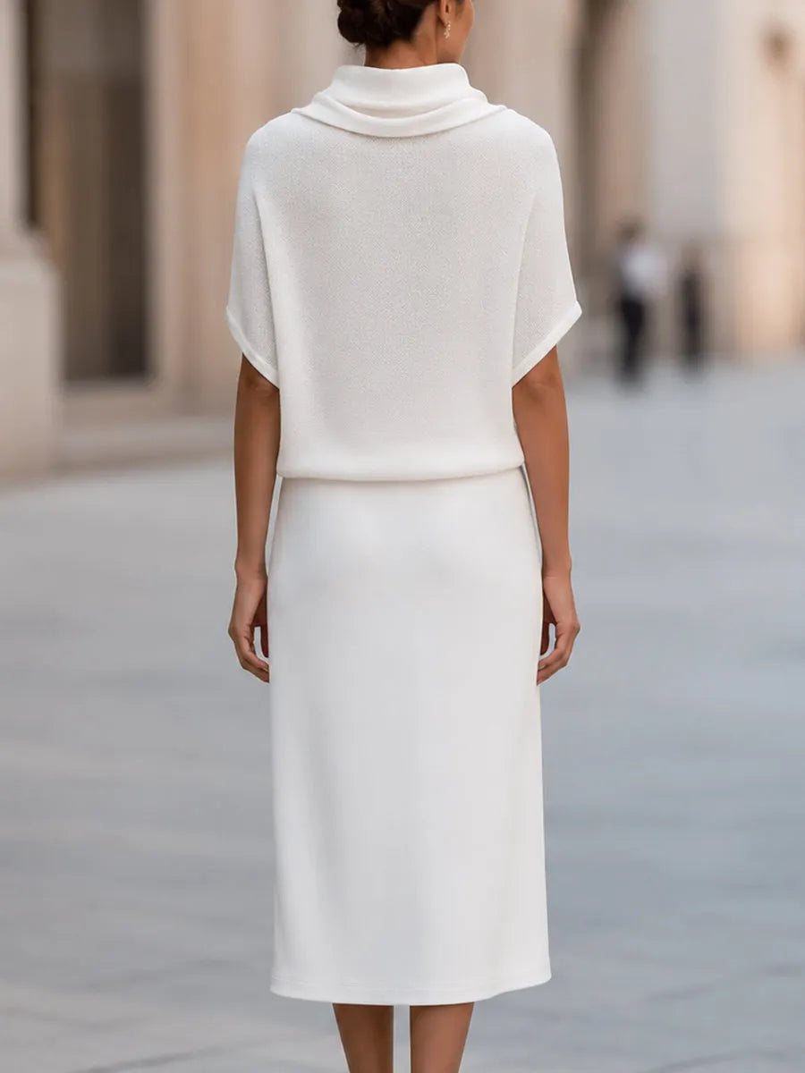 Elegant White Turtleneck Knit Top And Pencil Skirt Set