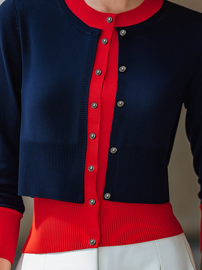Color-Blocked Layered Button-Down Knit Cardigan