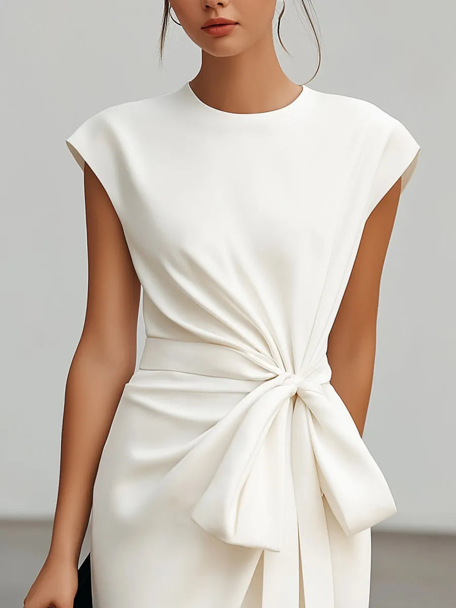 Waist-Tie Cap Sleeves Sculpted Midi Dress