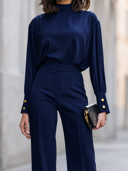 High-Neck Blouson Top And Wide-Leg Pants Set