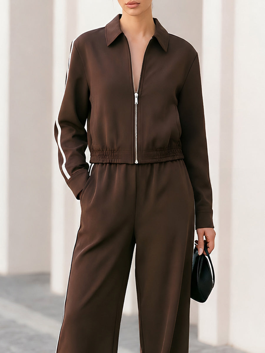 Collar Zip Crop Track Jacket & Side Stripe Wide Leg Pants Two-Piece Tracksuit Set