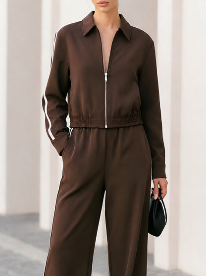 Collar Zip Crop Track Jacket & Side Stripe Wide Leg Pants Two-Piece Tracksuit Set