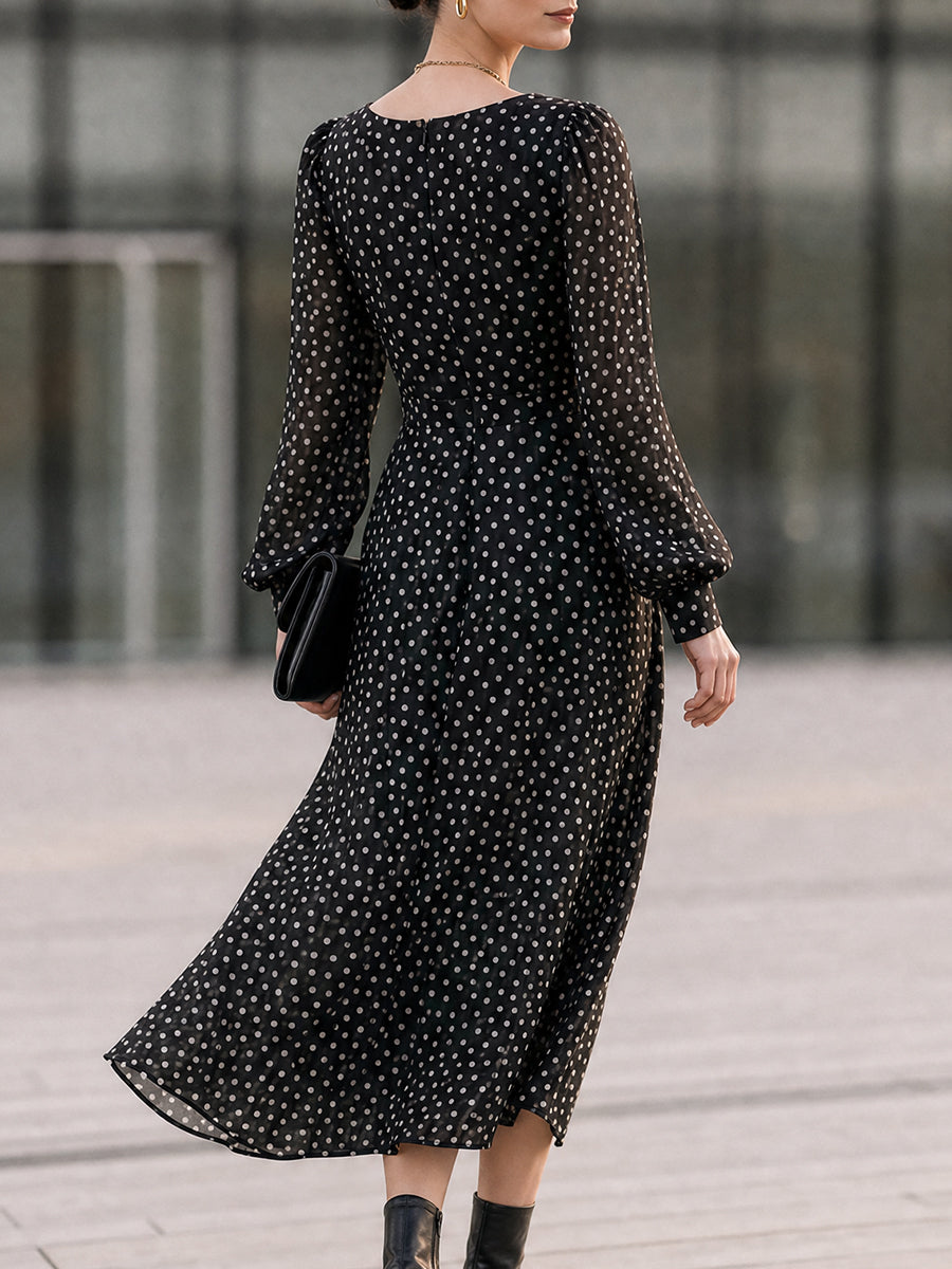 Polka Dot Cowl Neck Long Sleeve Midi Chiffon Dress
