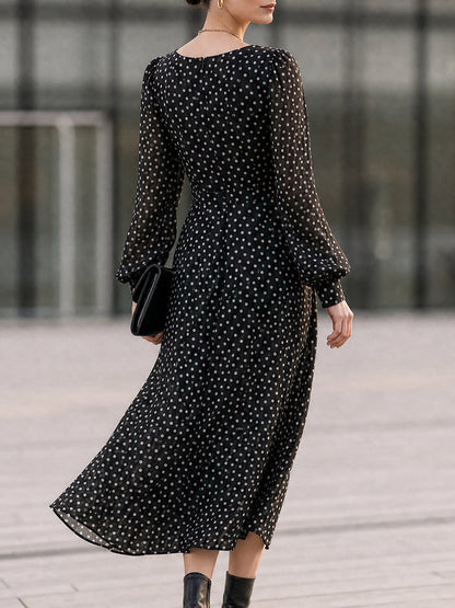 Polka Dot Cowl Neck Long Sleeve Midi Chiffon Dress