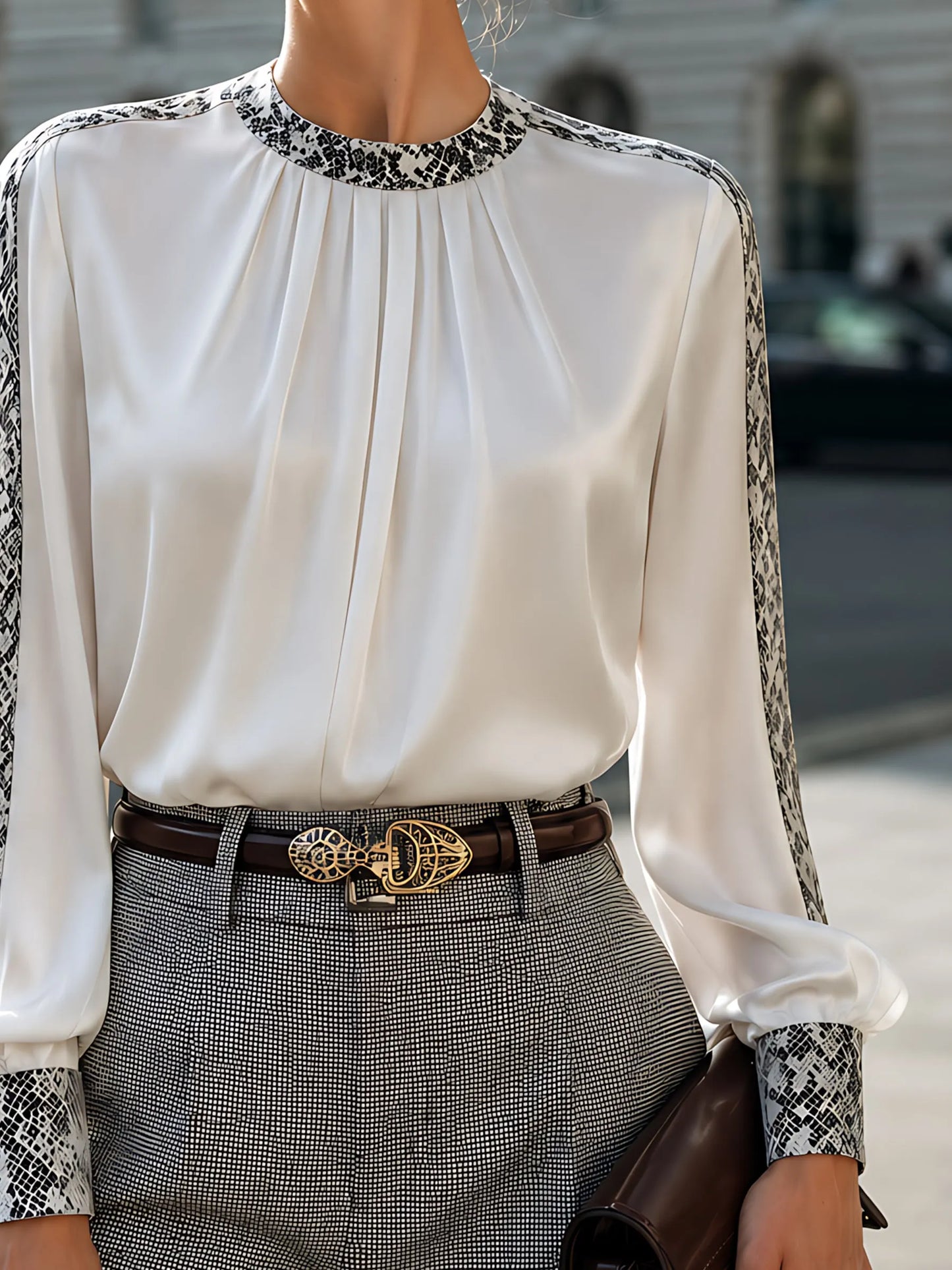 Satin Pleated Snake-Print Trim Blouse
