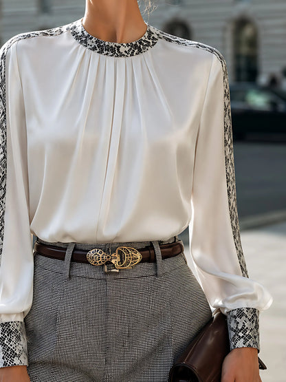 Satin Pleated Snake-Print Trim Blouse