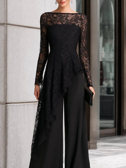 Lace Overlay Asymmetric Wide-Leg Jumpsuit